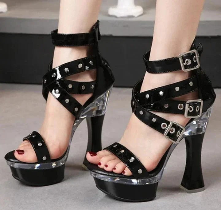 14CM High Heel Buckle Strap Ornament Platform Square Heel Shoes - Glova