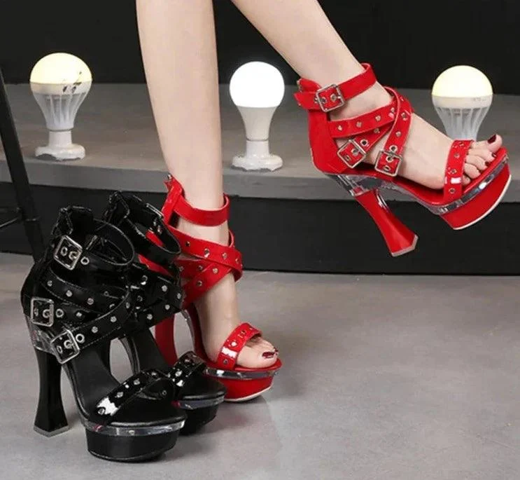 14CM High Heel Buckle Strap Ornament Platform Square Heel Shoes - Glova