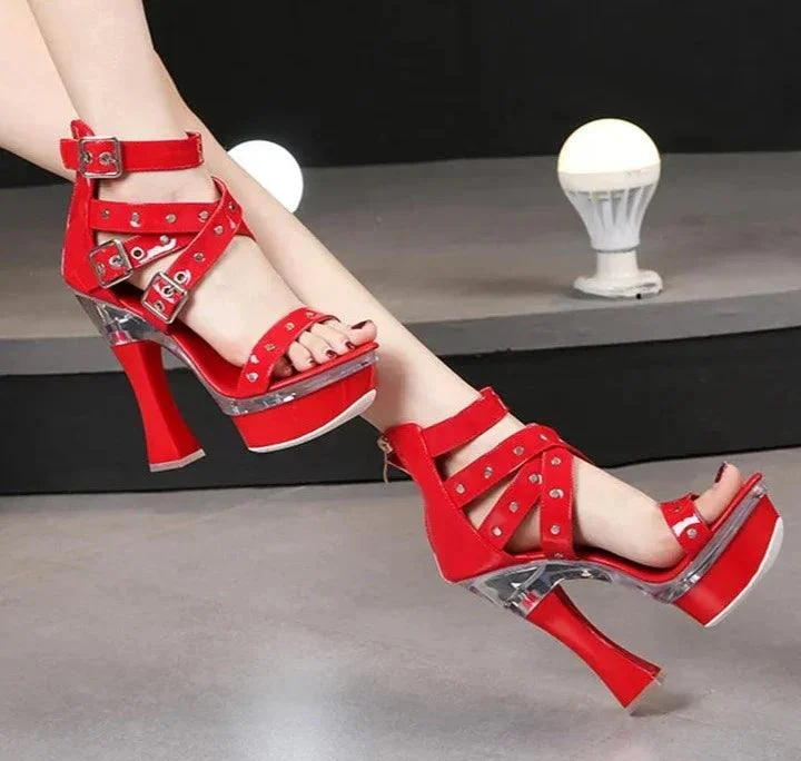 14CM High Heel Buckle Strap Ornament Platform Square Heel Shoes - Glova