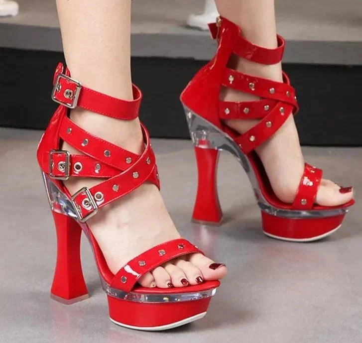 14CM High Heel Buckle Strap Ornament Platform Square Heel Shoes - Glova