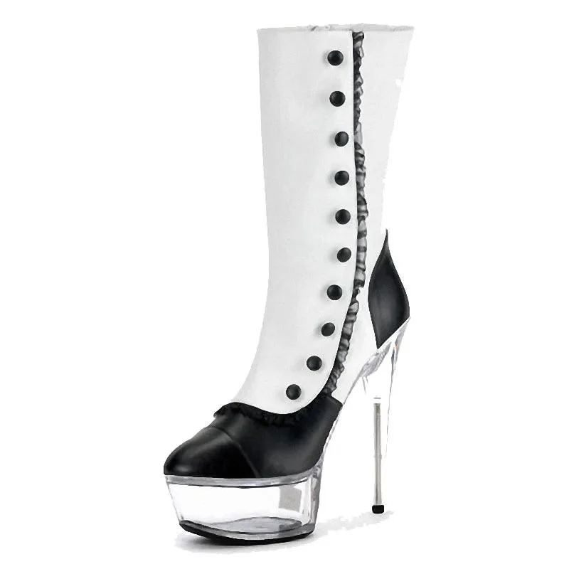 15 cm 6 inch Women's Knee High Boots Black White T-stage Heel Boots - Glova