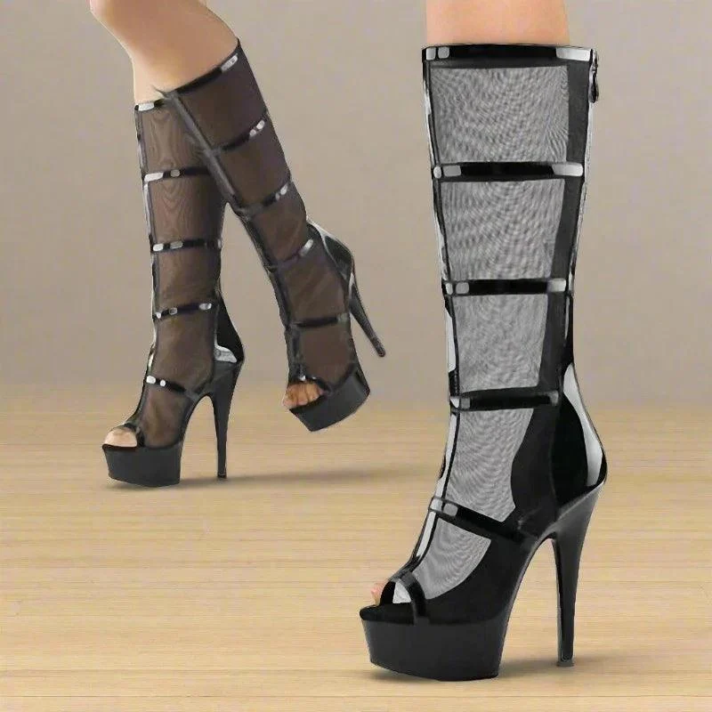 15 cm Fish Mouth Hollow Mesh Steel Pipe High-heeled Stripper Boots - Glova