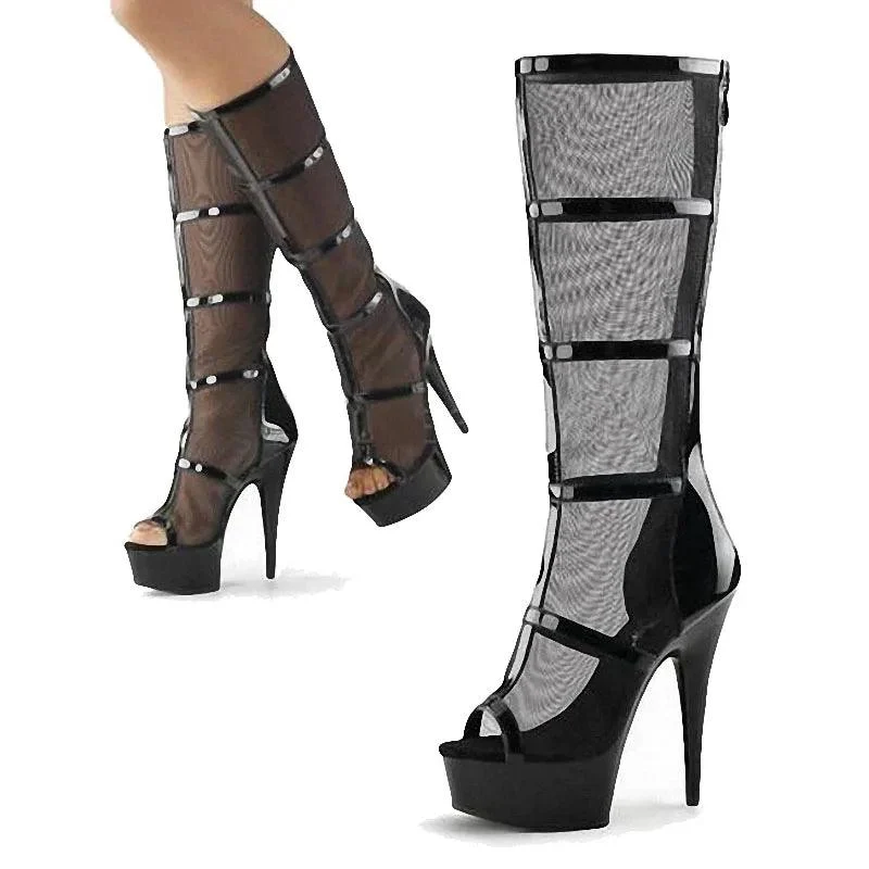 15 cm Fish Mouth Hollow Mesh Steel Pipe High-heeled Stripper Boots - Glova