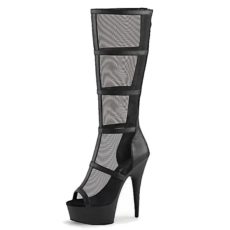 15 cm Fish Mouth Hollow Mesh Steel Pipe High-heeled Stripper Boots - Glova