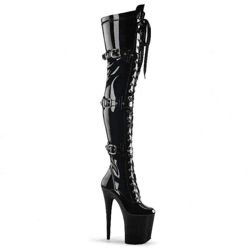 20cm Heels Knee High Buckle Narrow Band PU Leather Stripper Boots - Glova