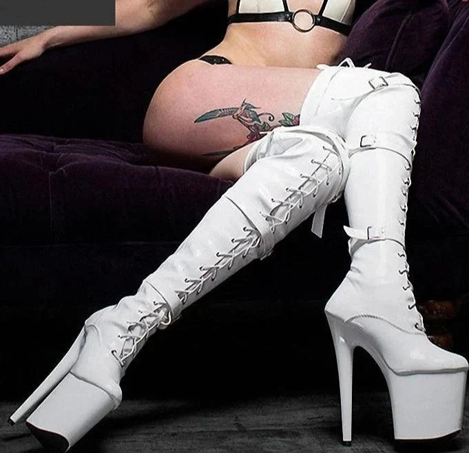 20cm Heels Knee High Buckle Narrow Band PU Leather Stripper Boots - Glova