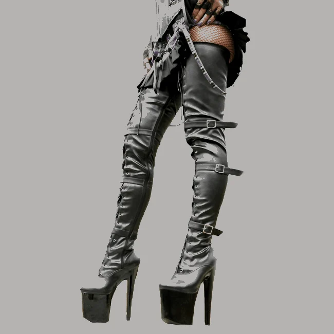 20cm Heels Knee High Buckle Narrow Band PU Leather Stripper Boots - Glova