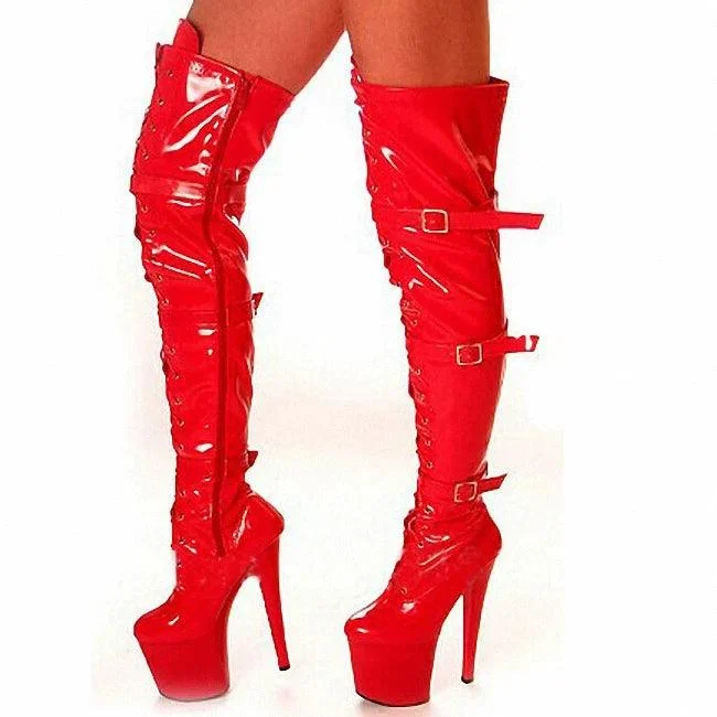 20cm Heels Knee High Buckle Narrow Band PU Leather Stripper Boots - Glova