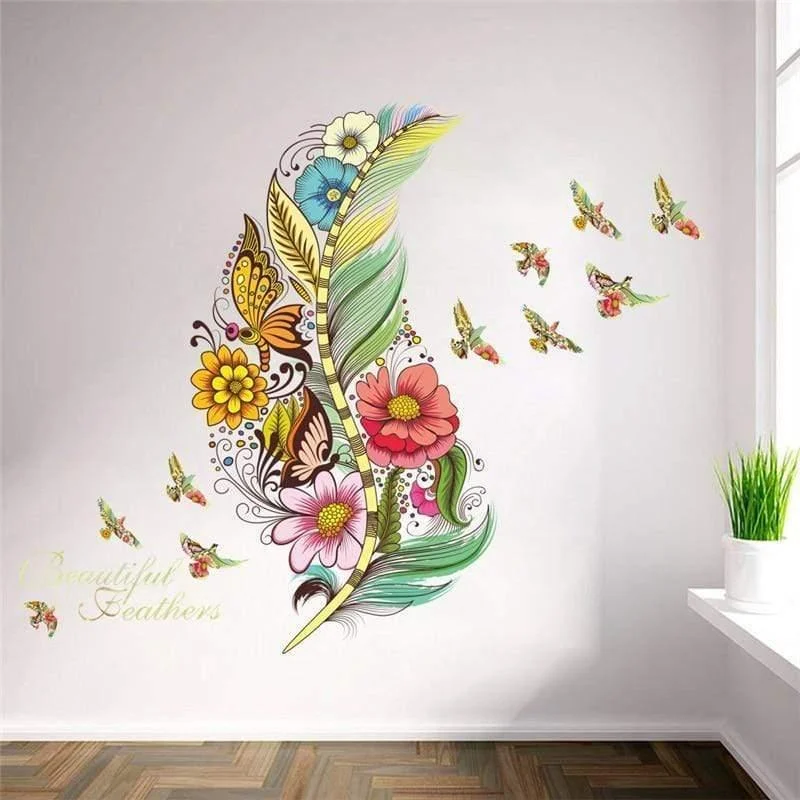 3D Feather with Flying Birds Wall Sticker - Glova