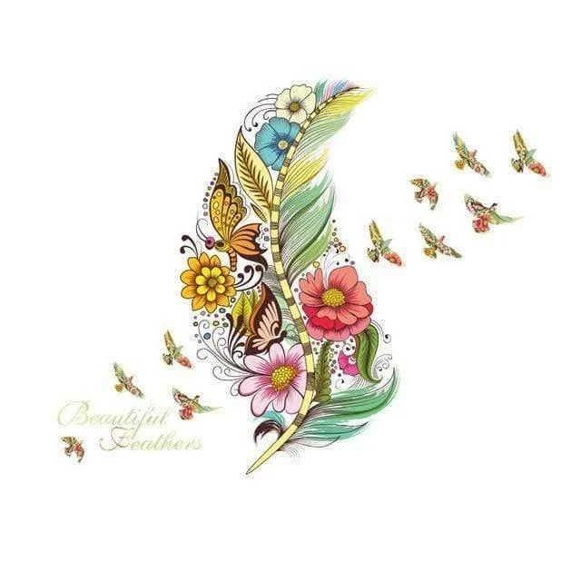 3D Feather with Flying Birds Wall Sticker - Glova