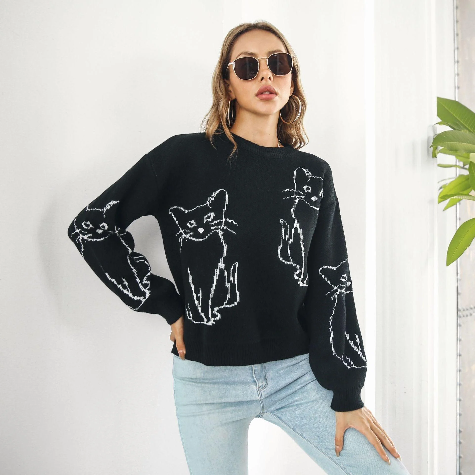 Abstract Cat Print Sweater - Glova