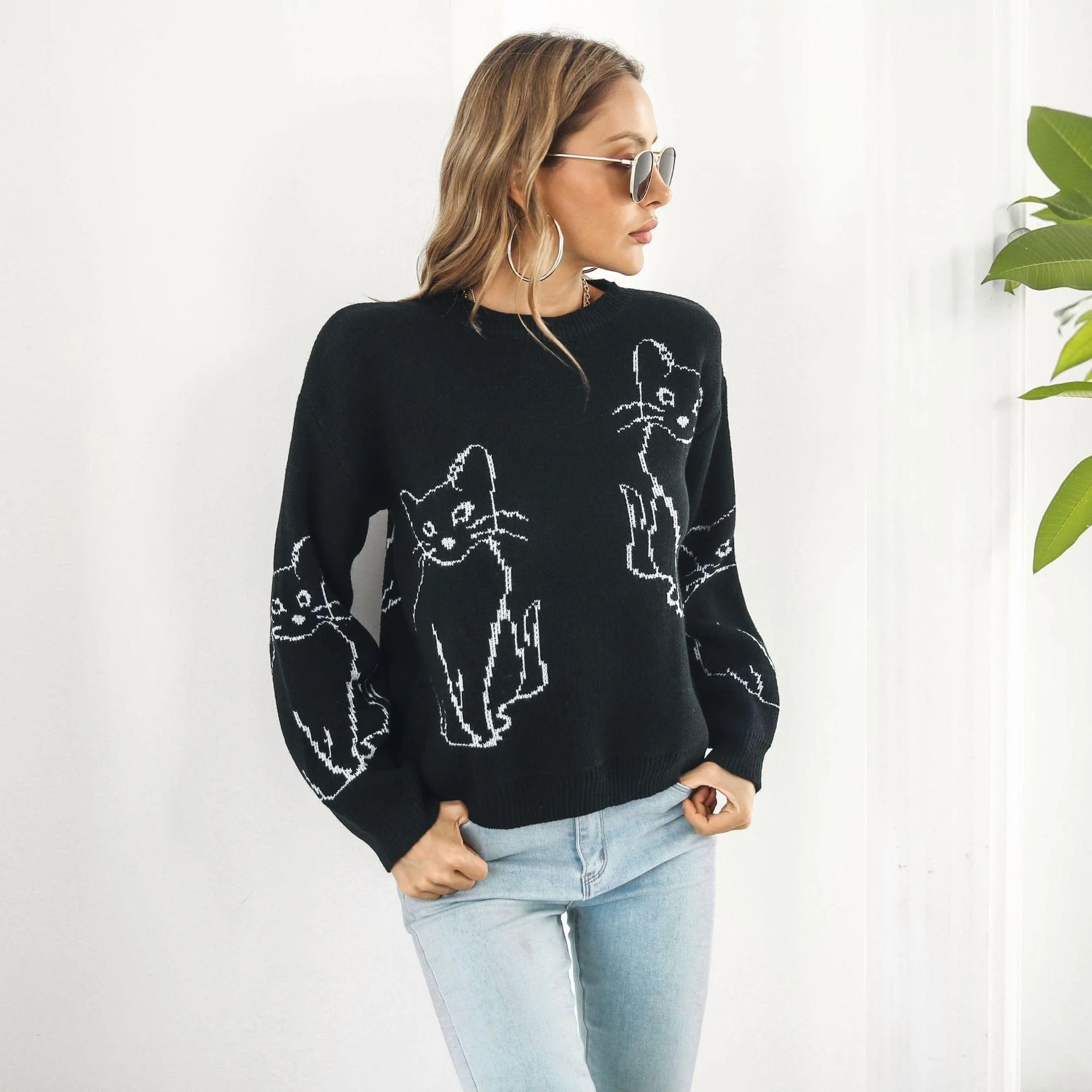 Abstract Cat Print Sweater - Glova