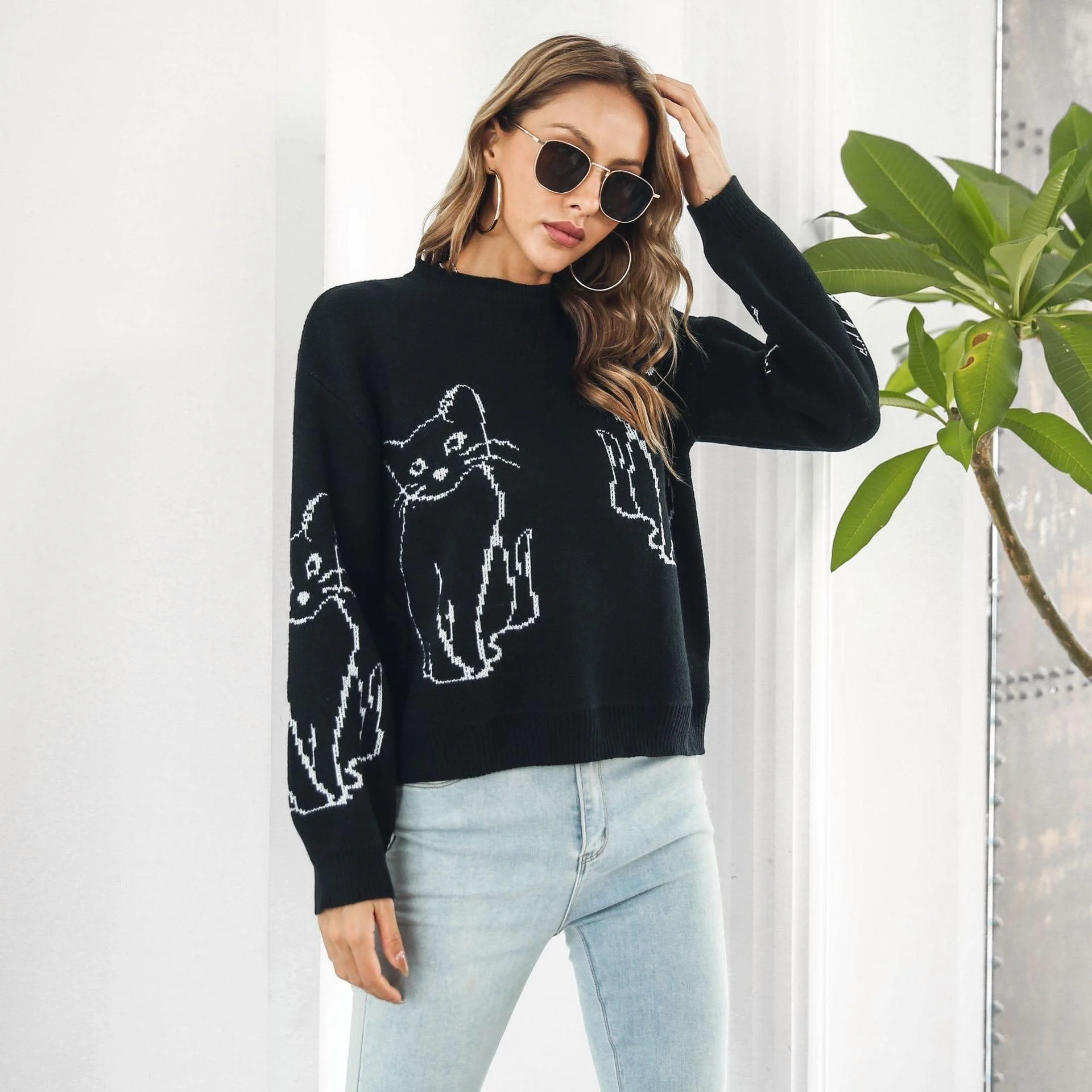 Abstract Cat Print Sweater - Glova