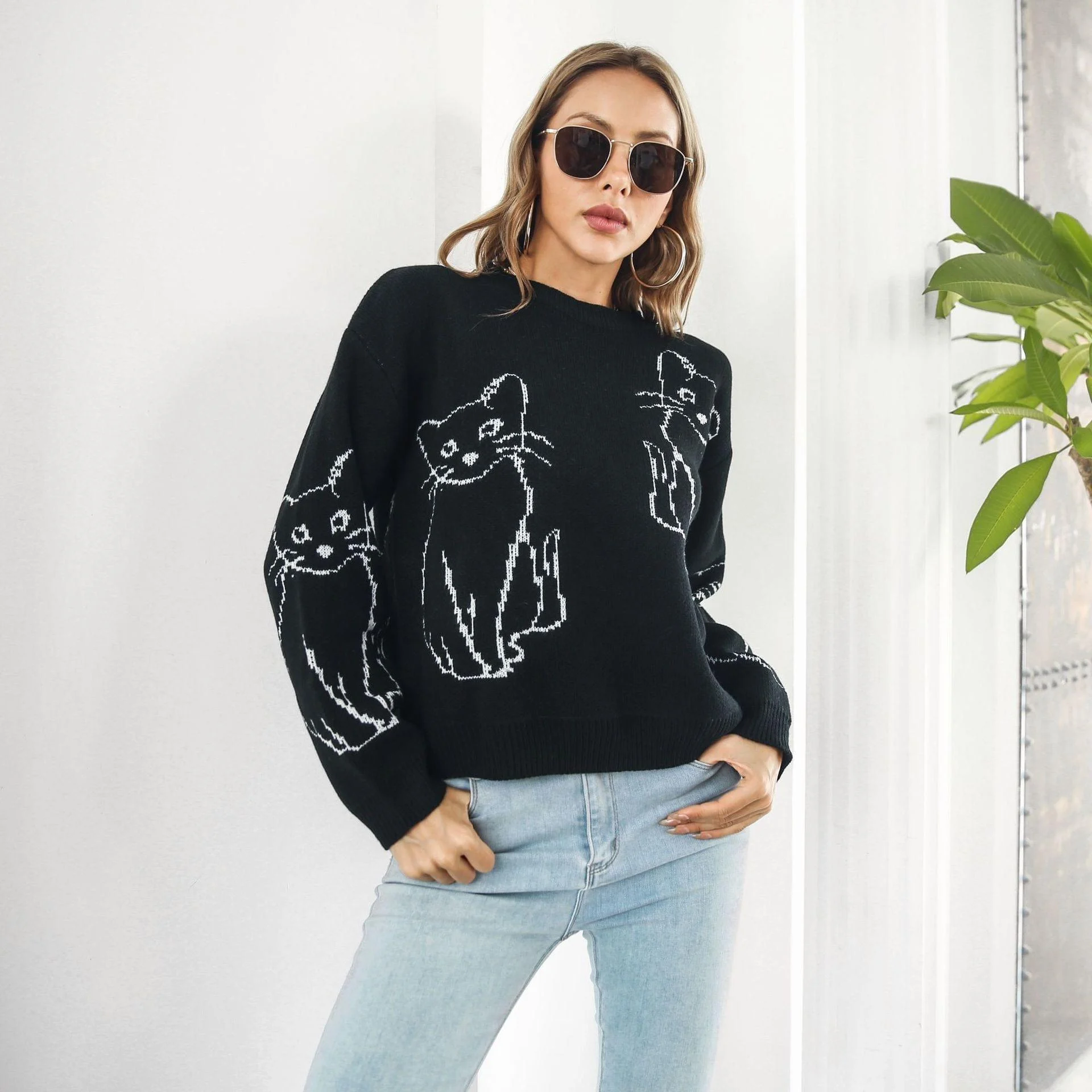 Abstract Cat Print Sweater - Glova