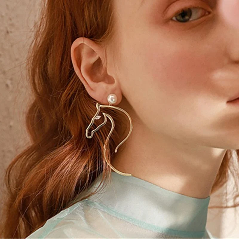 Abstract Horse-Figure and Pearl Earrings - Glova