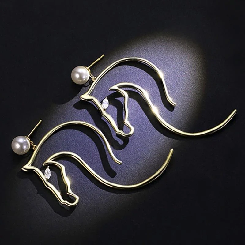 Abstract Horse-Figure and Pearl Earrings - Glova