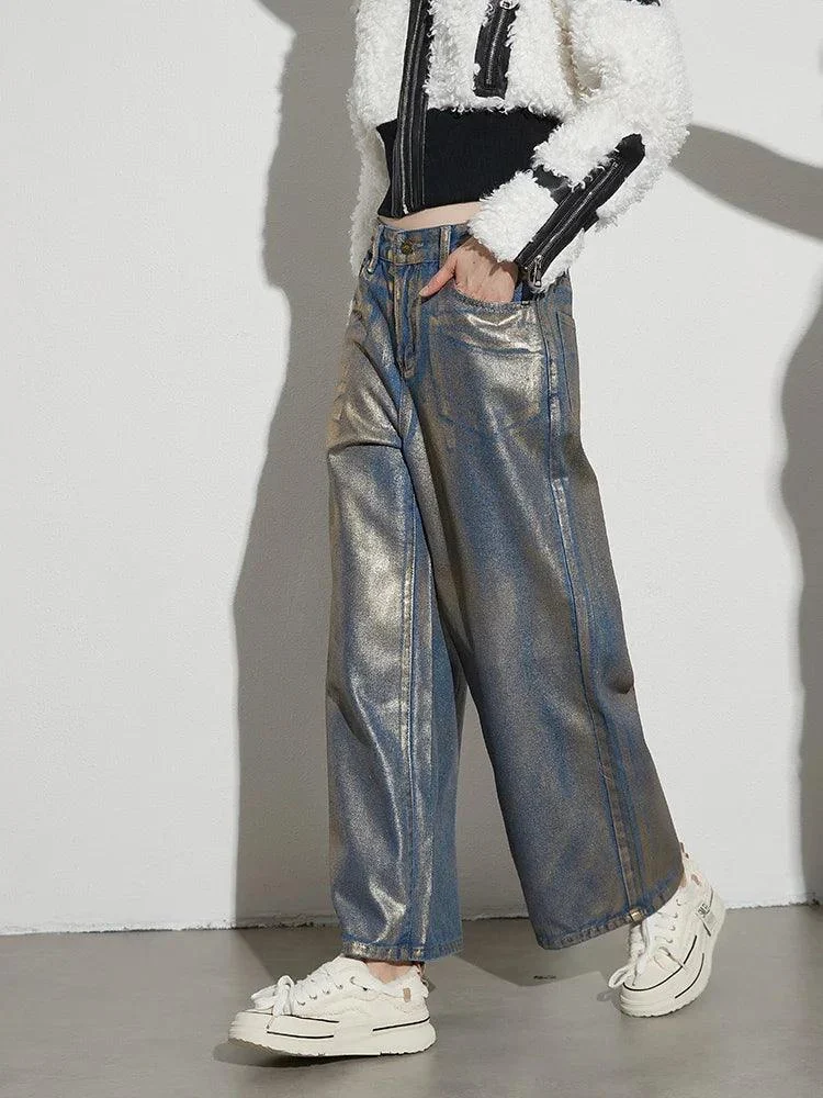 Adelin Metallic Coated Wide Leg Jeans - Glova