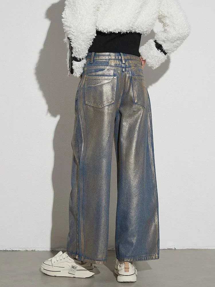 Adelin Metallic Coated Wide Leg Jeans - Glova