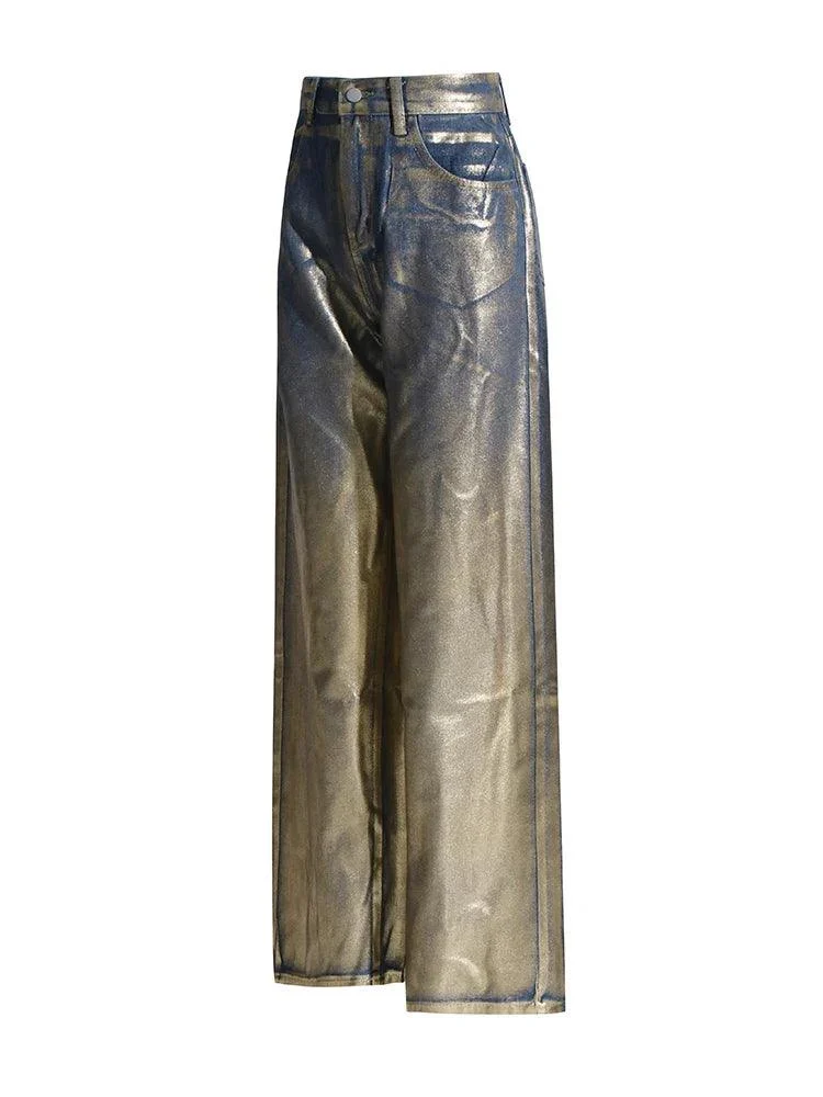 Adelin Metallic Coated Wide Leg Jeans - Glova