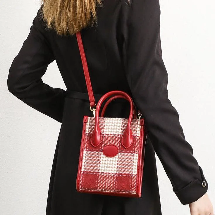 Adelin Red Tartan Woolen Mini Tote - Glova