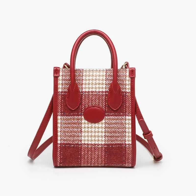 Adelin Red Tartan Woolen Mini Tote - Glova