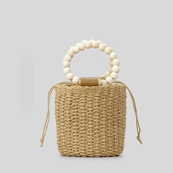 Aerin Beads Handle Straw Mini Bucket Bag - Glova