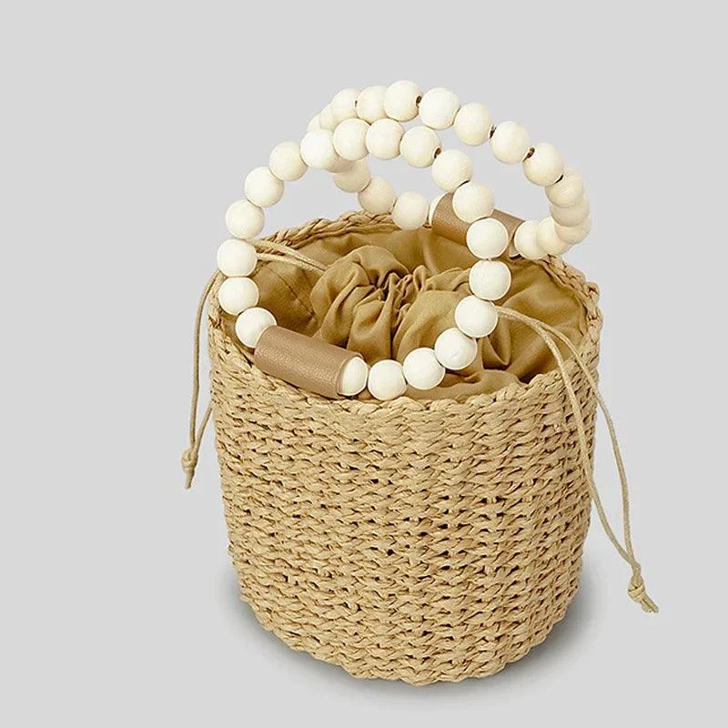 Aerin Beads Handle Straw Mini Bucket Bag - Glova