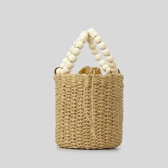 Aerin Beads Handle Straw Mini Bucket Bag - Glova