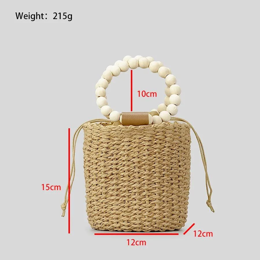 Aerin Beads Handle Straw Mini Bucket Bag - Glova