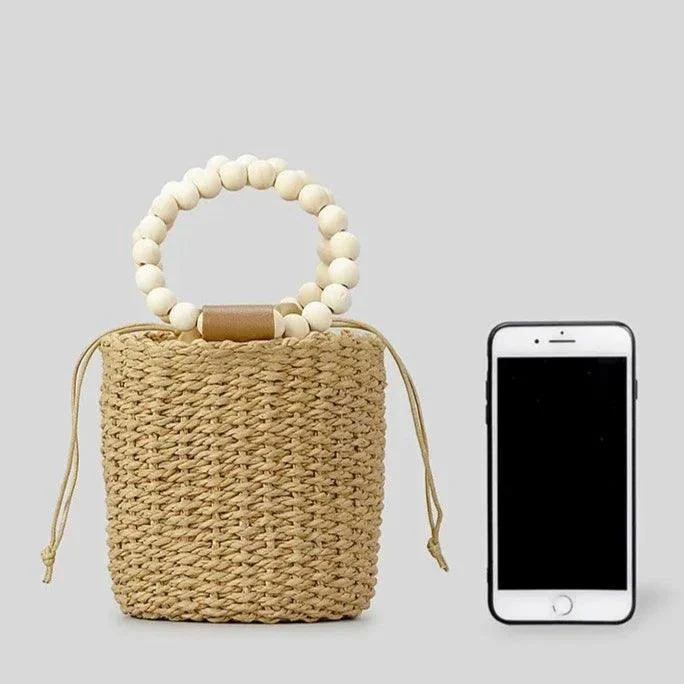 Aerin Beads Handle Straw Mini Bucket Bag - Glova