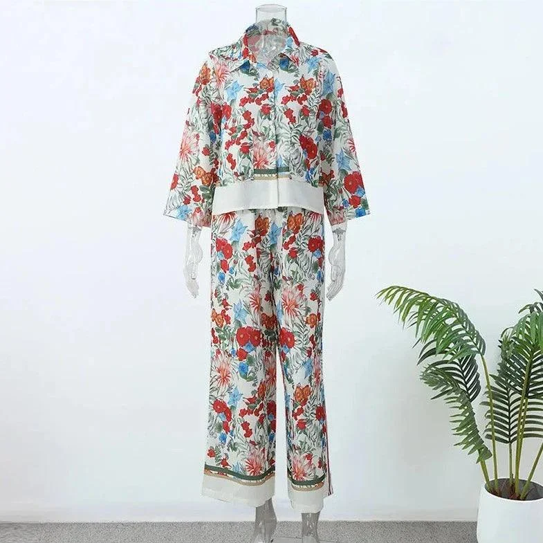 Albertina Retro Floral Tunic Blouse & Pants Set - Glova