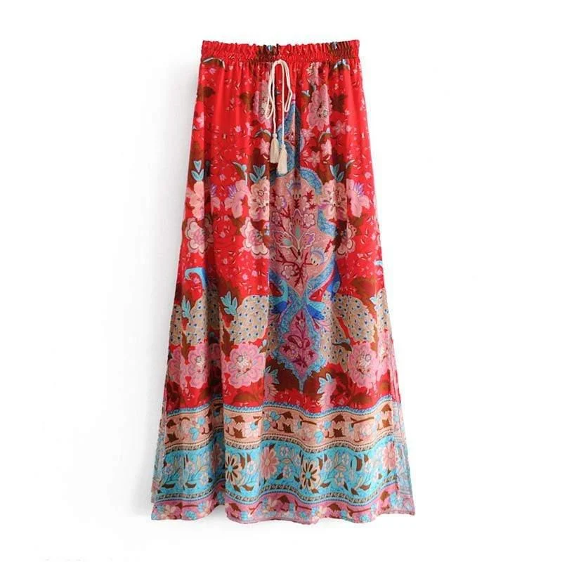 Allegra Red Floral Peacock Maxi Skirt - Glova