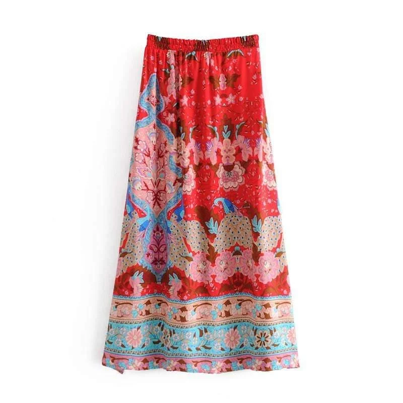 Allegra Red Floral Peacock Maxi Skirt - Glova