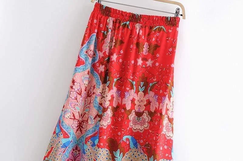 Allegra Red Floral Peacock Maxi Skirt - Glova