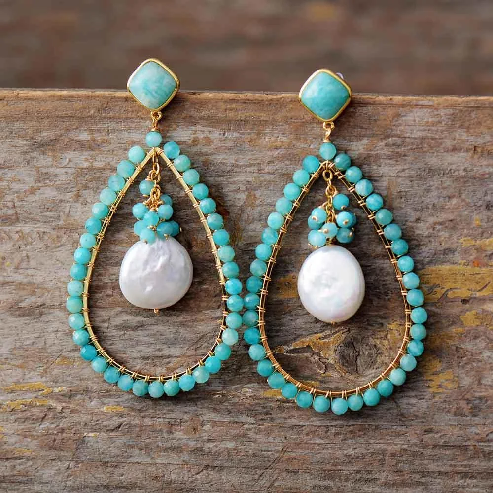 Amazonite & Pearl Drop Earrings - Glova