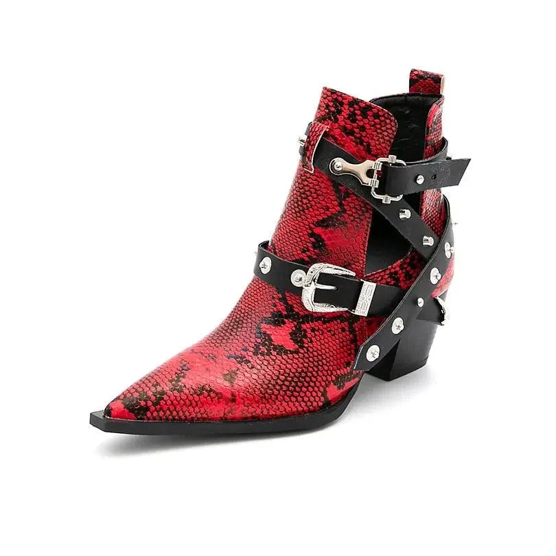 Ankle Boots Snake Pattern PU Leather Buckles - Glova