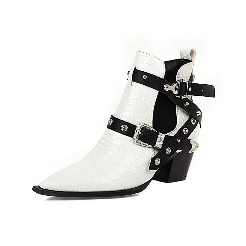 Ankle Boots Snake Pattern PU Leather Buckles - Glova