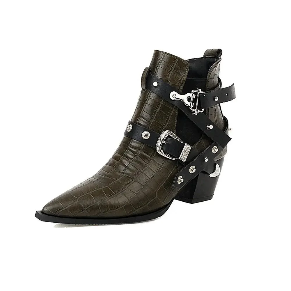 Ankle Boots Snake Pattern PU Leather Buckles - Glova