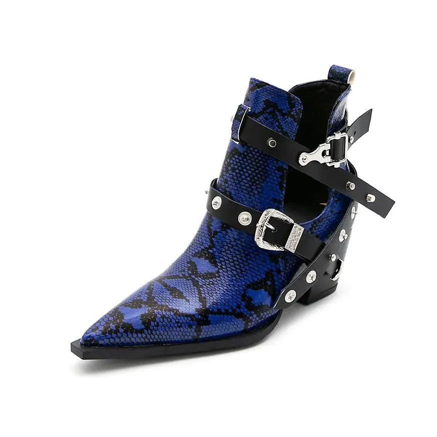 Ankle Boots Snake Pattern PU Leather Buckles - Glova