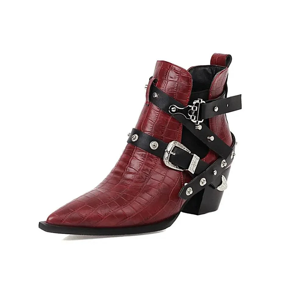 Ankle Boots Snake Pattern PU Leather Buckles - Glova