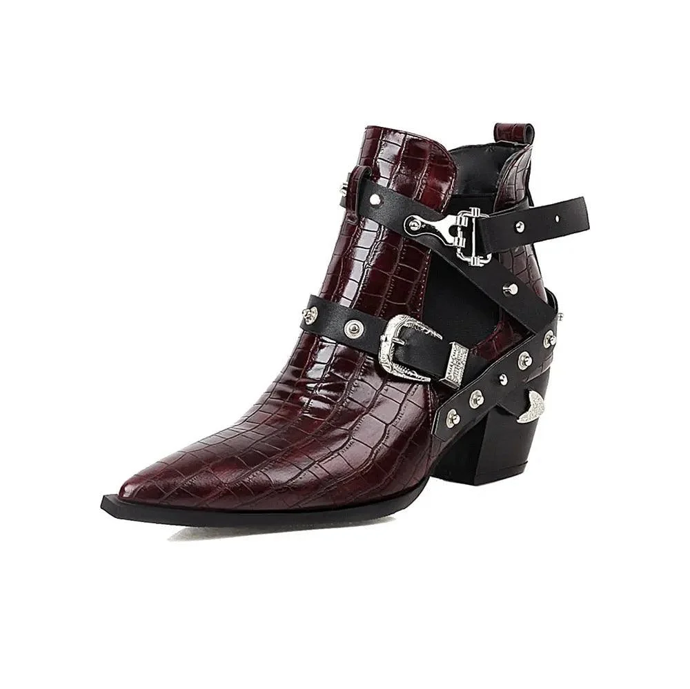 Ankle Boots Snake Pattern PU Leather Buckles - Glova