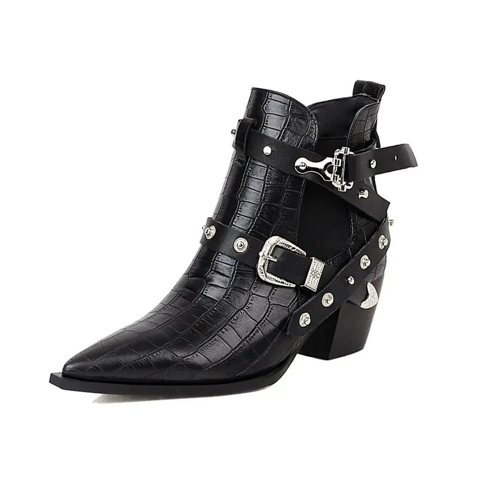 Ankle Boots Snake Pattern PU Leather Buckles - Glova