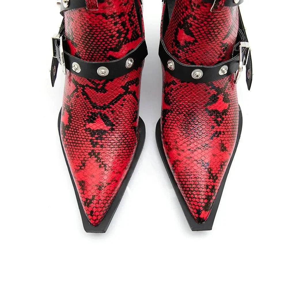 Ankle Boots Snake Pattern PU Leather Buckles - Glova