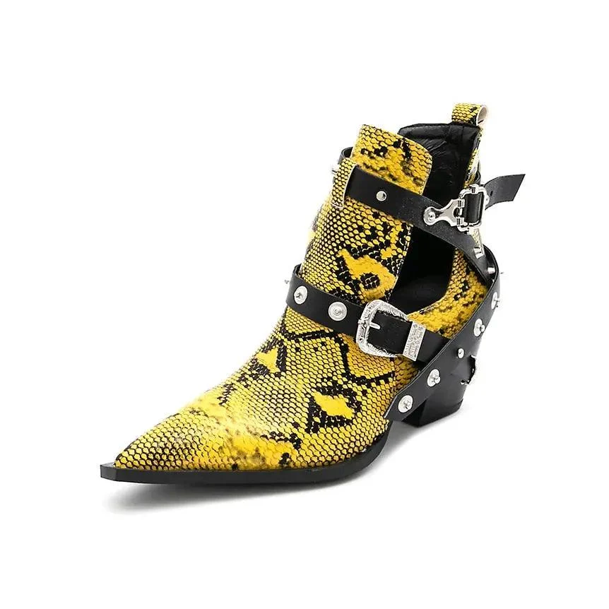 Ankle Boots Snake Pattern PU Leather Buckles - Glova