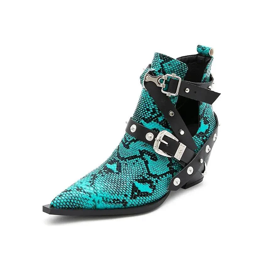 Ankle Boots Snake Pattern PU Leather Buckles - Glova