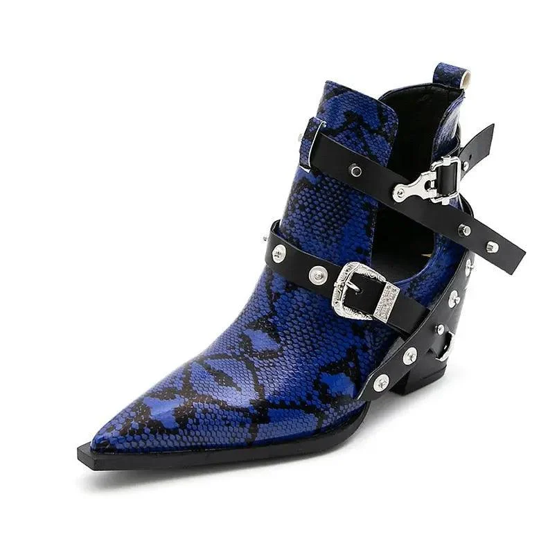 Ankle Boots Snake Pattern PU Leather Buckles - Glova