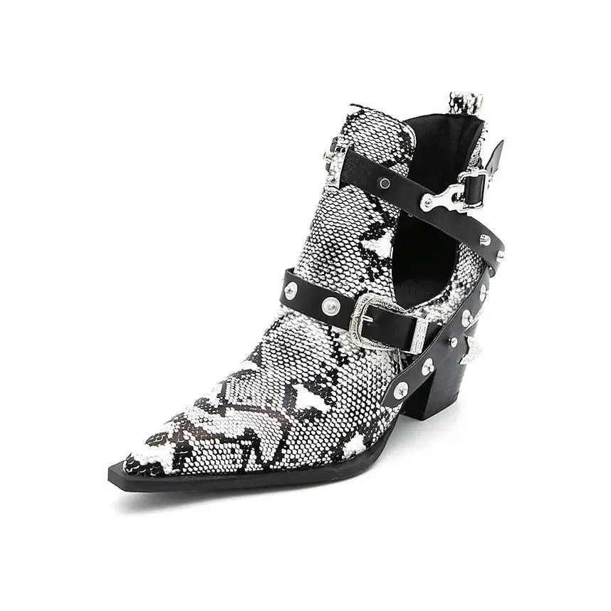 Ankle Boots Snake Pattern PU Leather Buckles - Glova