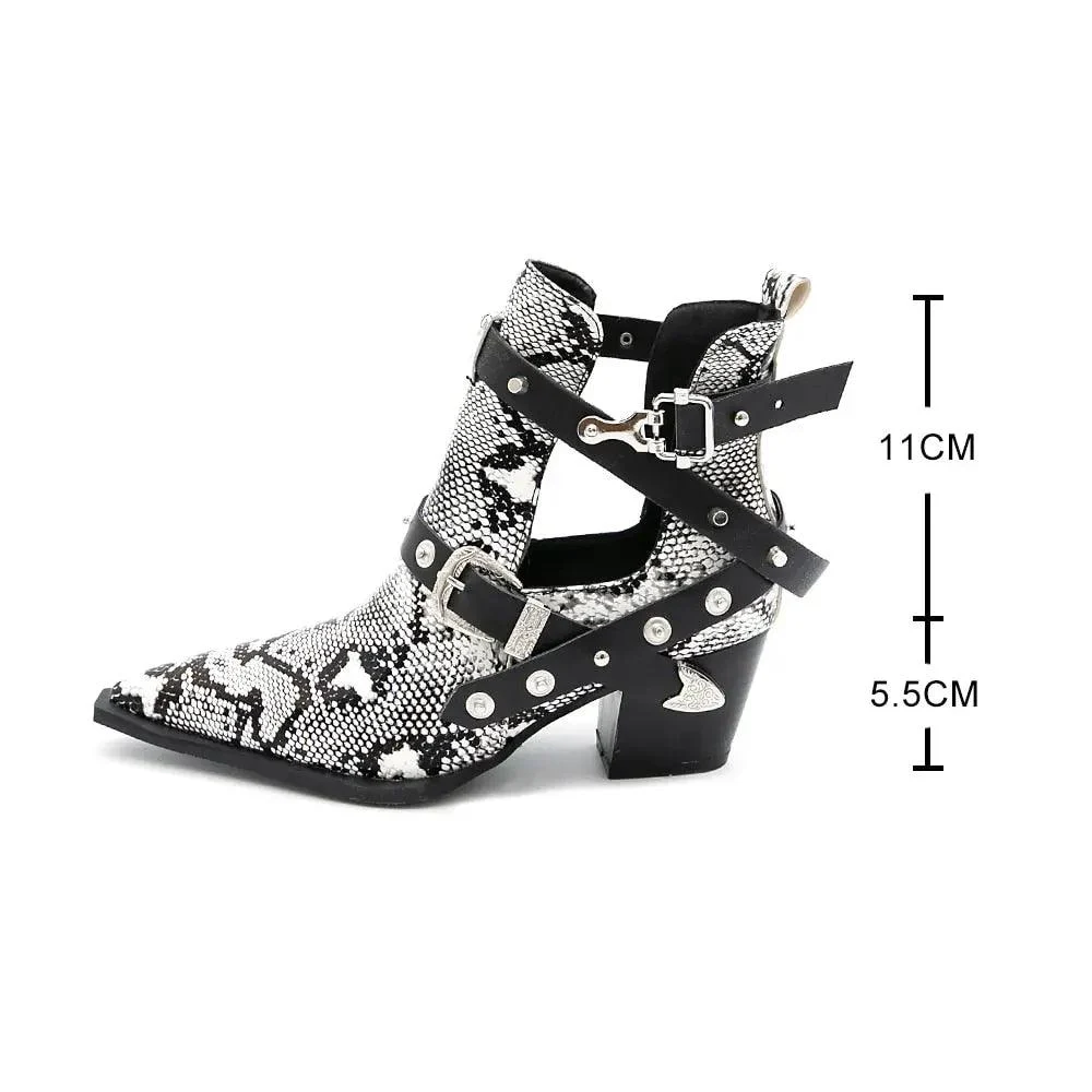 Ankle Boots Snake Pattern PU Leather Buckles - Glova