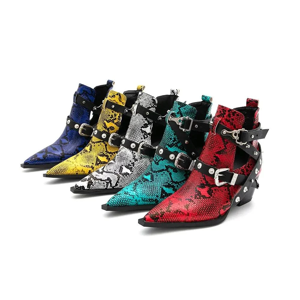 Ankle Boots Snake Pattern PU Leather Buckles - Glova