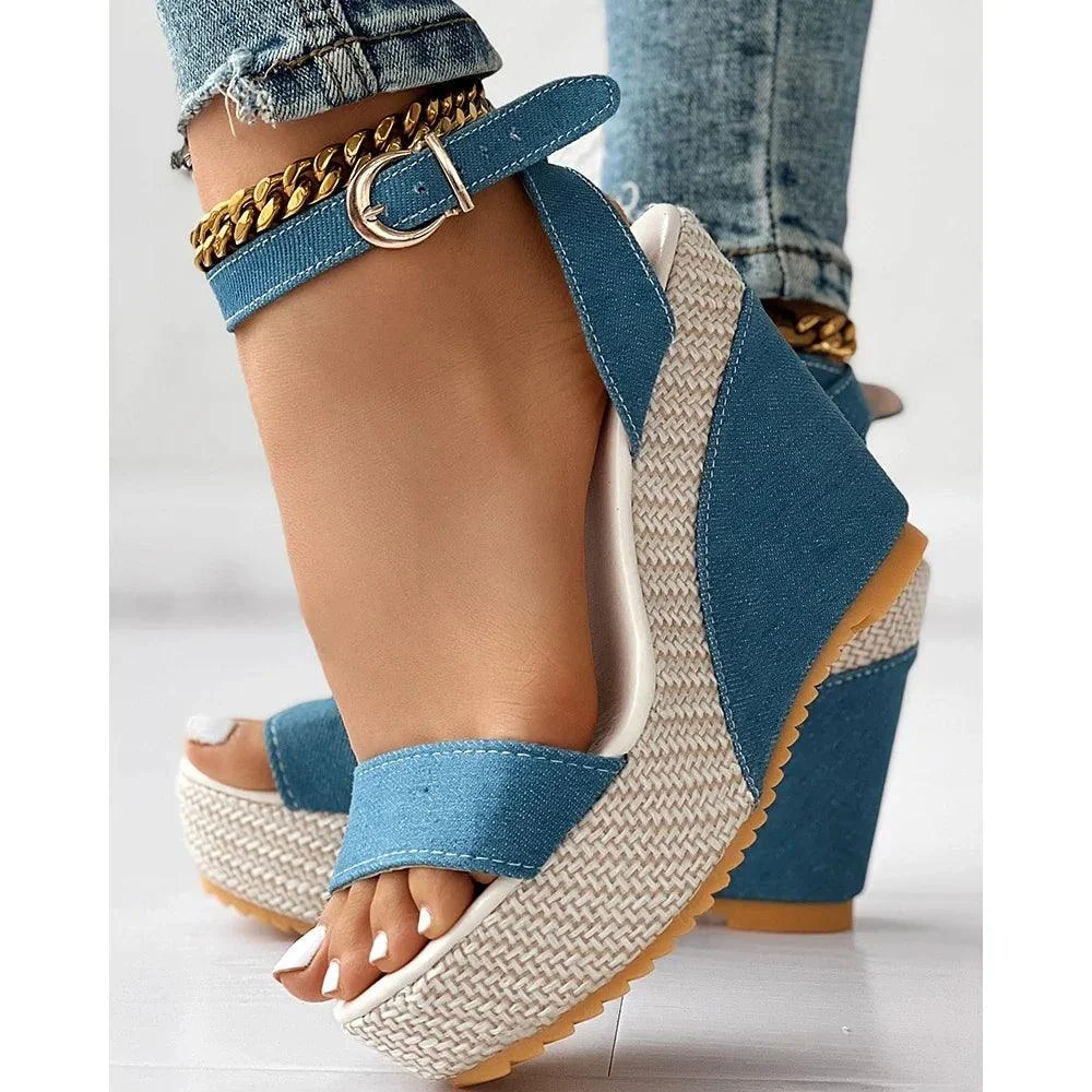 Ankle Strap Denim Platform Wedge Peep Toe High Heel Shoes - Glova